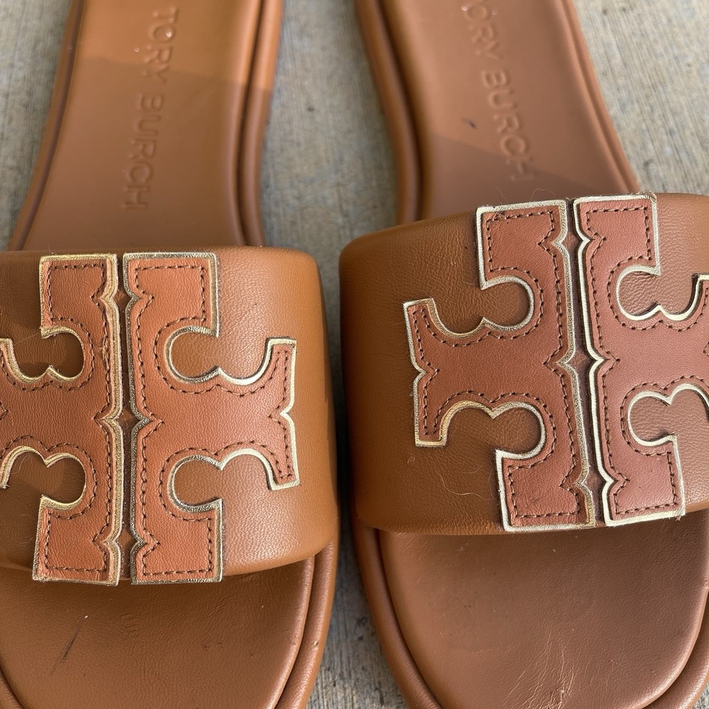 Tory Burch Double T Sport Slide Women 9.5 Leather Nappa Bourbon Miele Sandals** - Picture 3 of 10